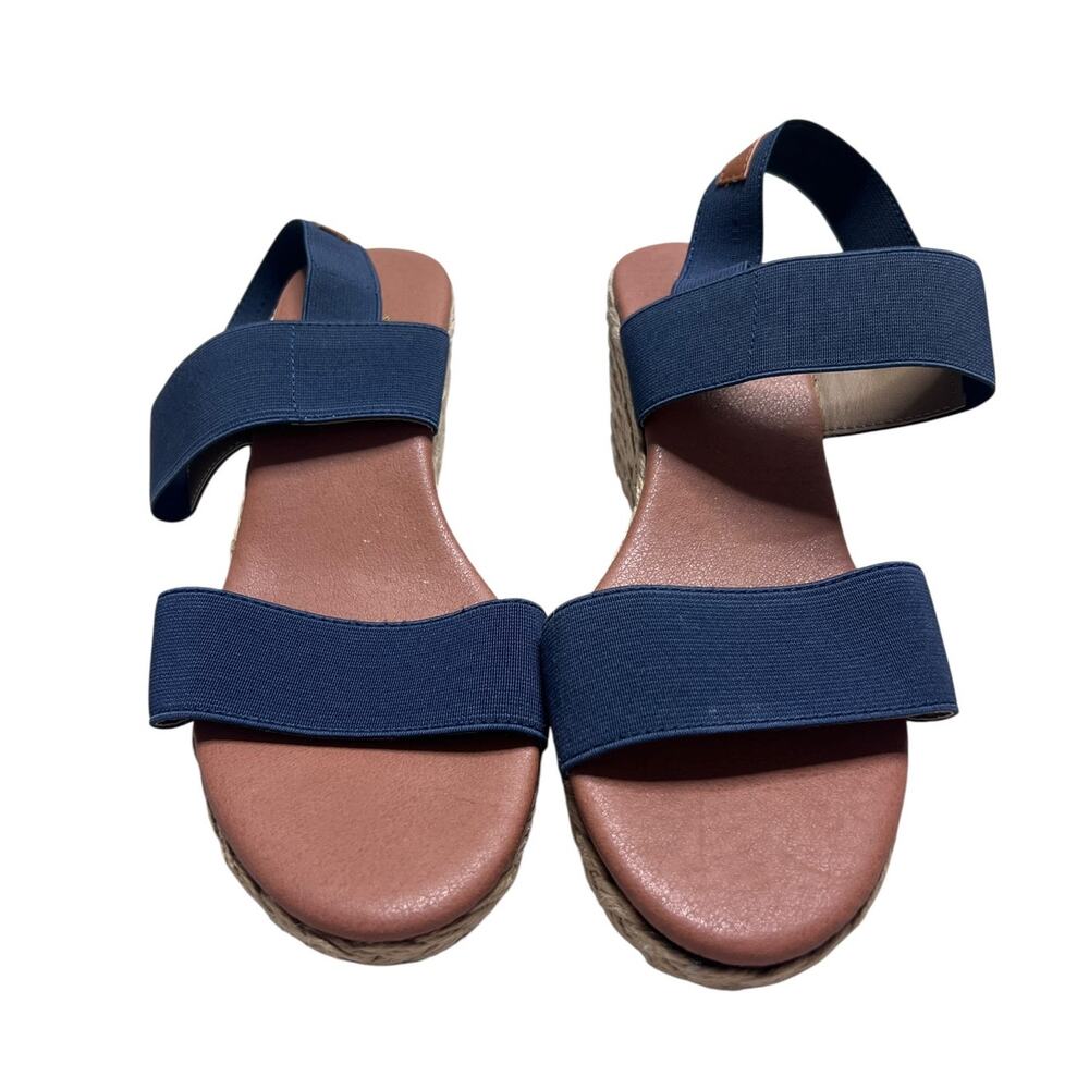 Tommy Bahama Navy Elastic Strap Wedge Sandals with Brown Footbed